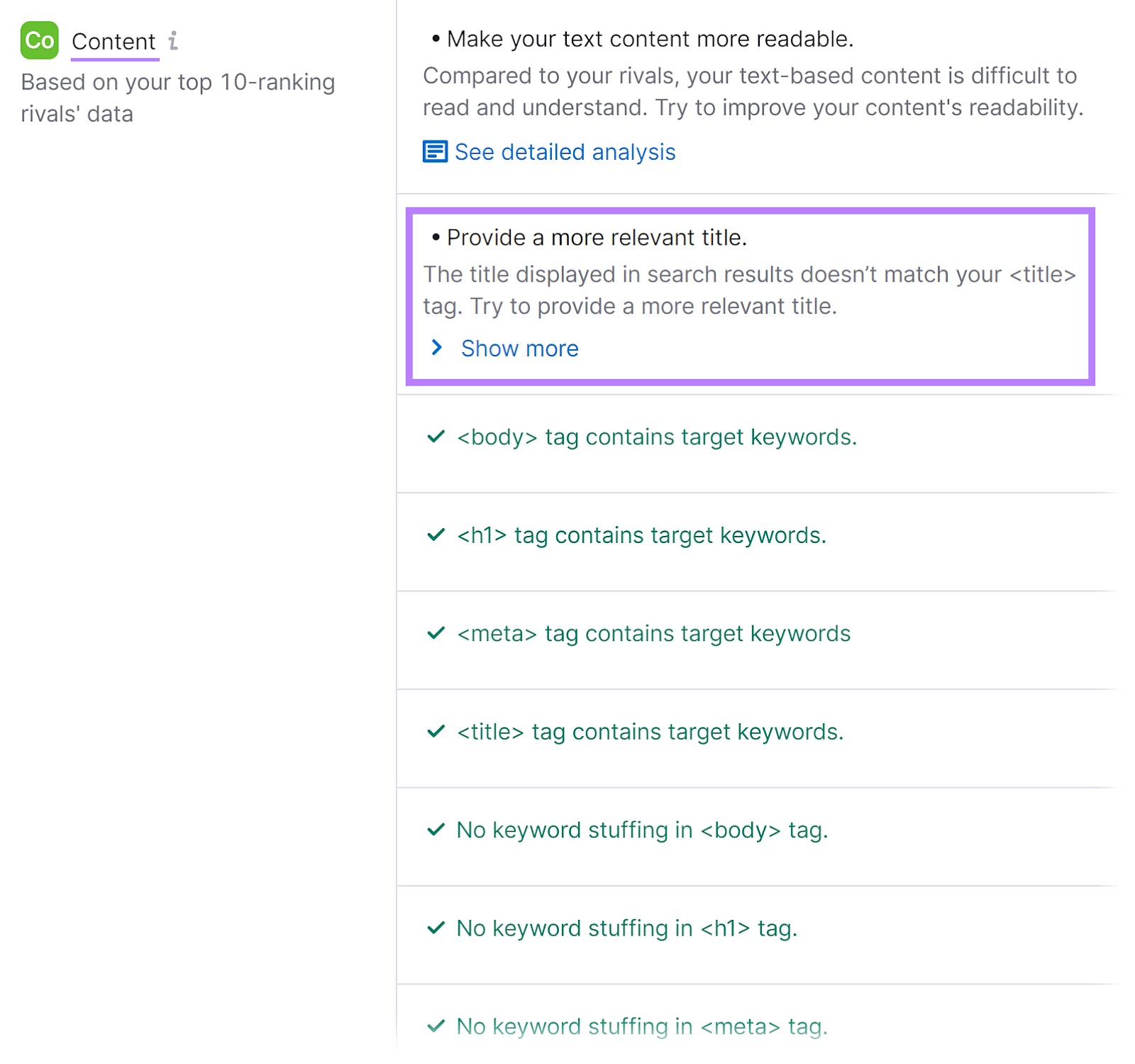 “Content” section of the On Page SEO Checker tool with the “Provide a more relevant title” recommendation highlighted.