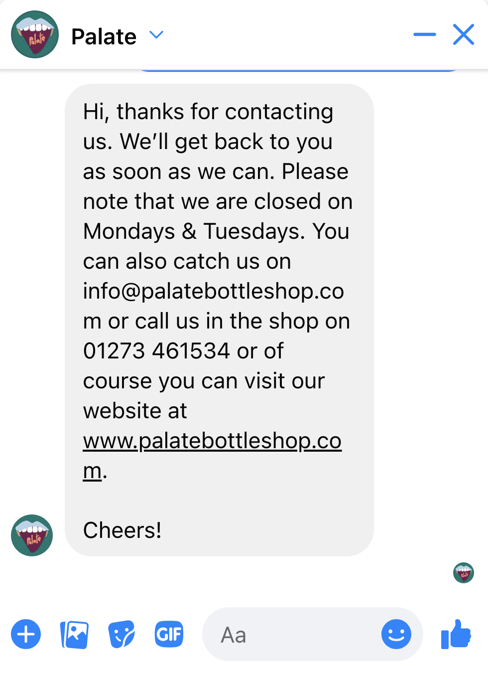 Palate's automated reply to customers on Facebook Messenger