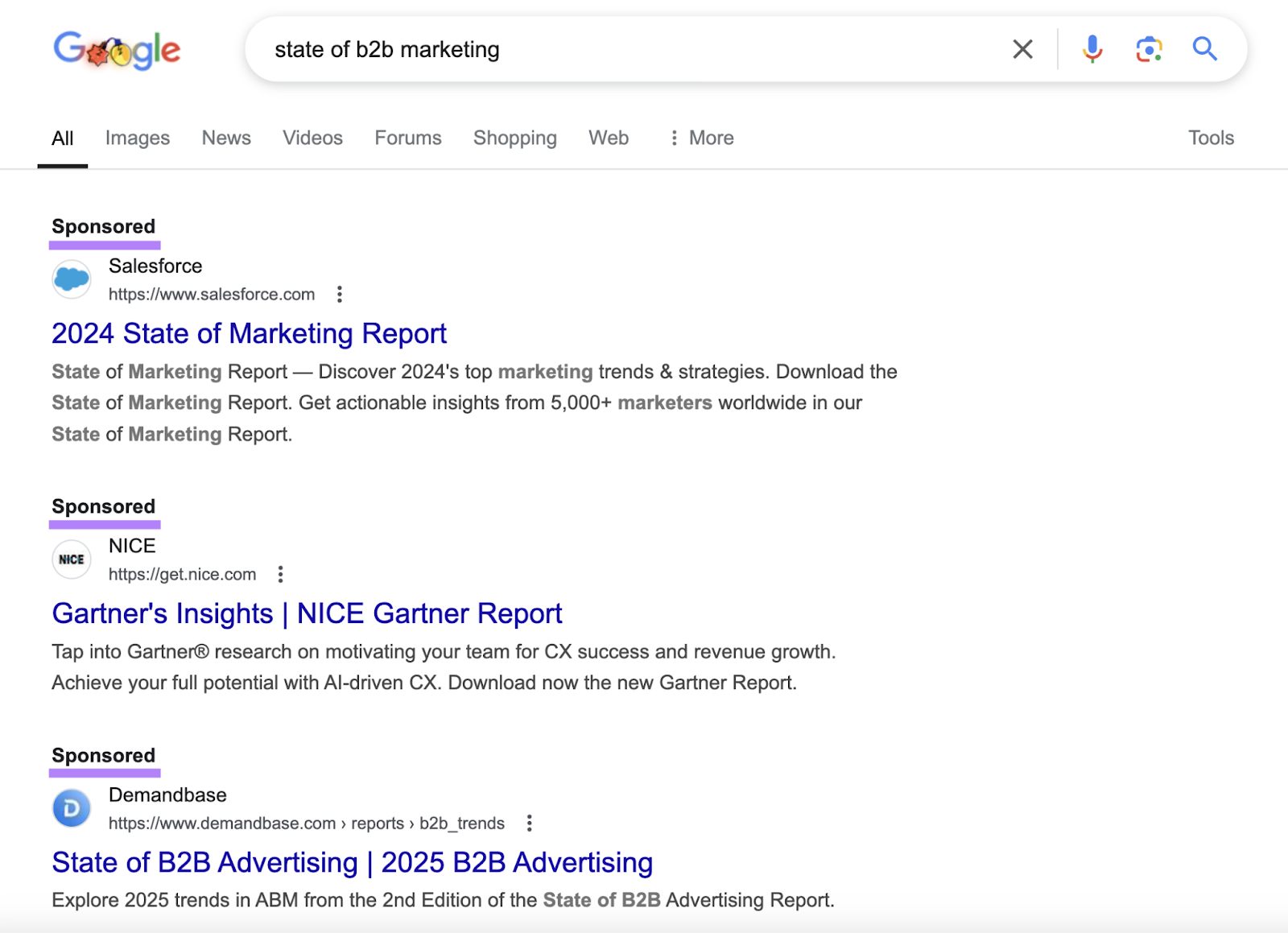 Sponsored results are highlighted at the top of the SERP showing brands' content marketing push.