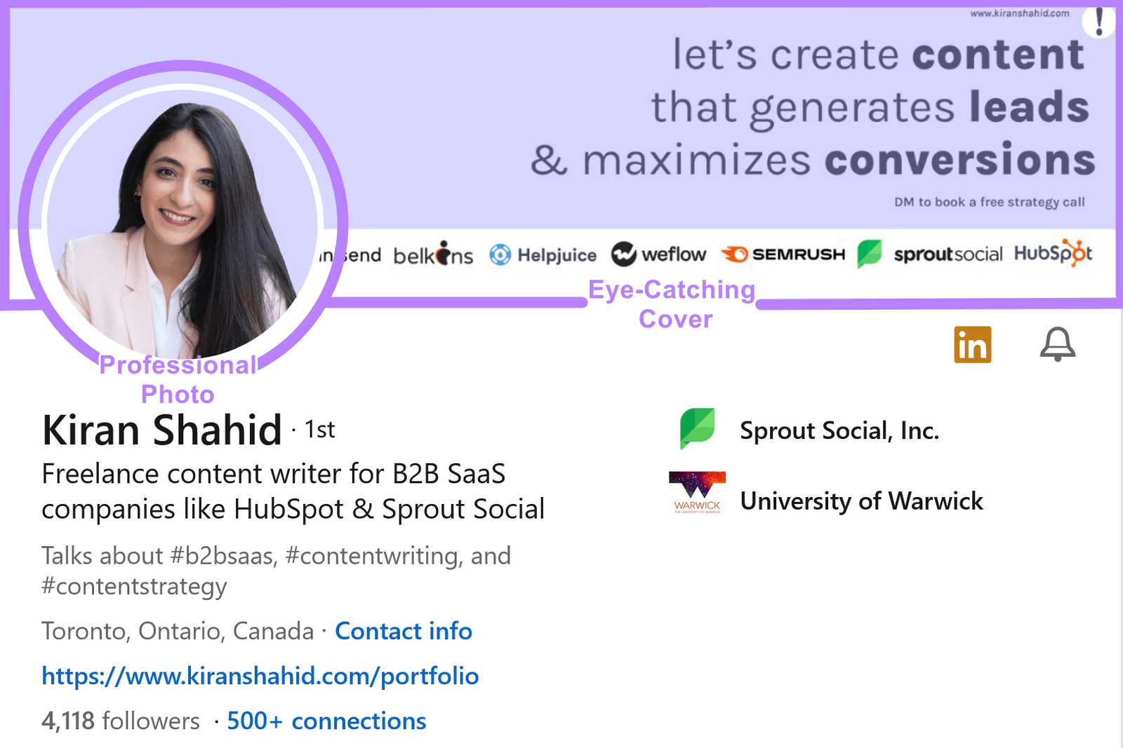 example of LinkedIn profile of "Kiran Shahid" showing example of high-quality profile and cover images
