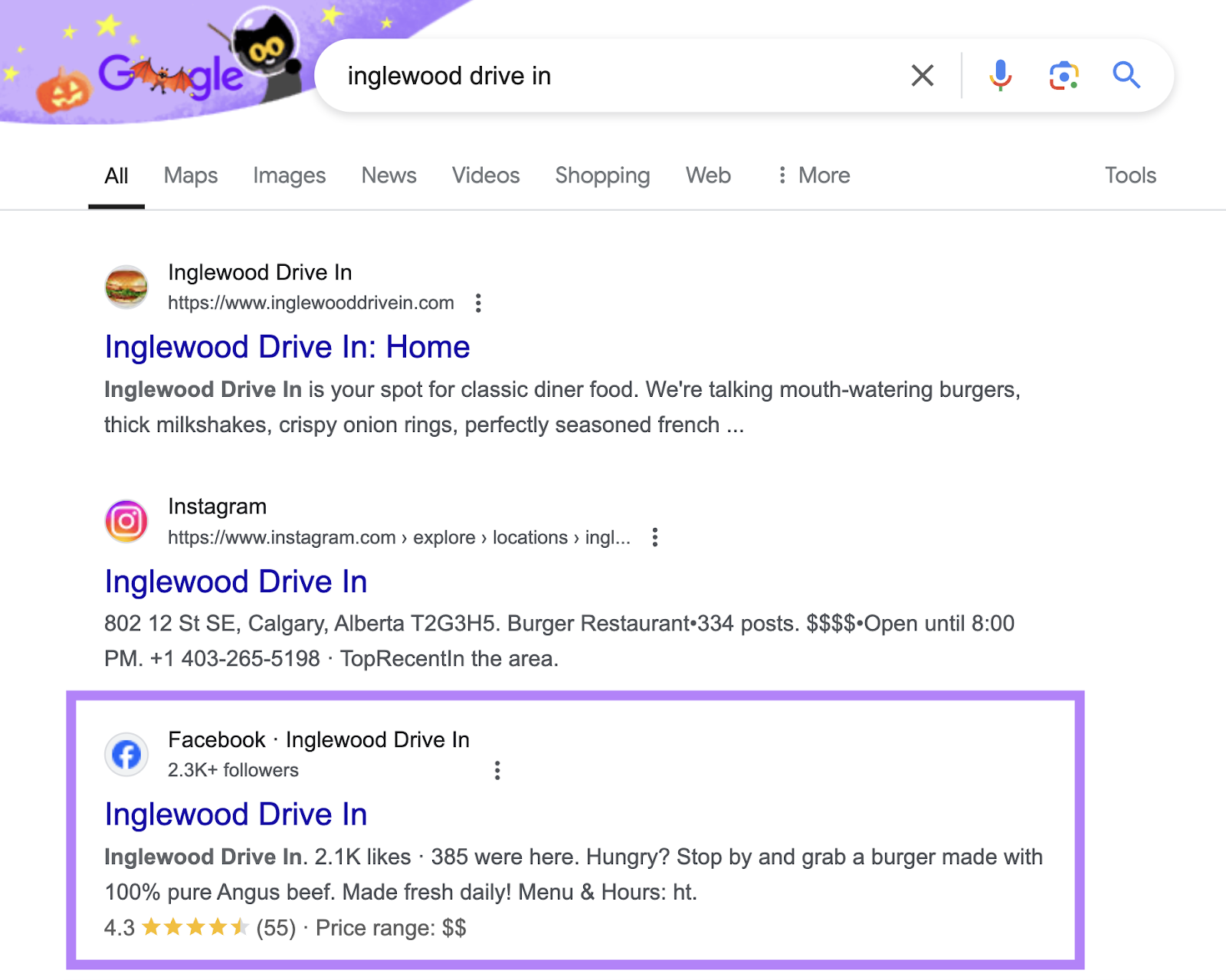 facebook page is the third organic listing on the SERP