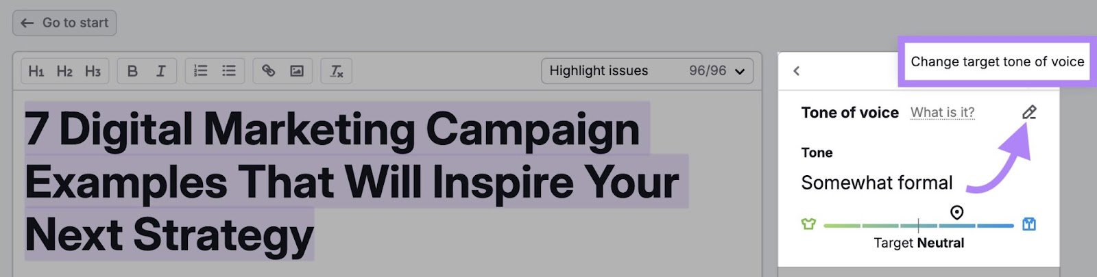 The pencil icon on the top-right corner of SEO Writing Assistant to change target tone of voice highlighted.