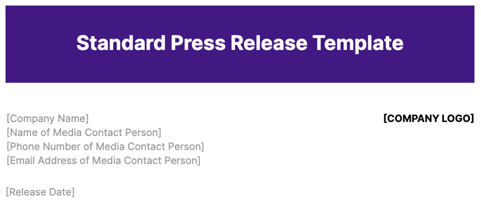 Press release template with placeholders for company name/logo, contact person, phone number, email address, and the release date