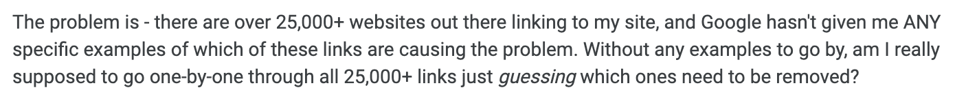 Question d’un webmaster dans Google Console Help à propos du manque d’exemples de liens artificiels.