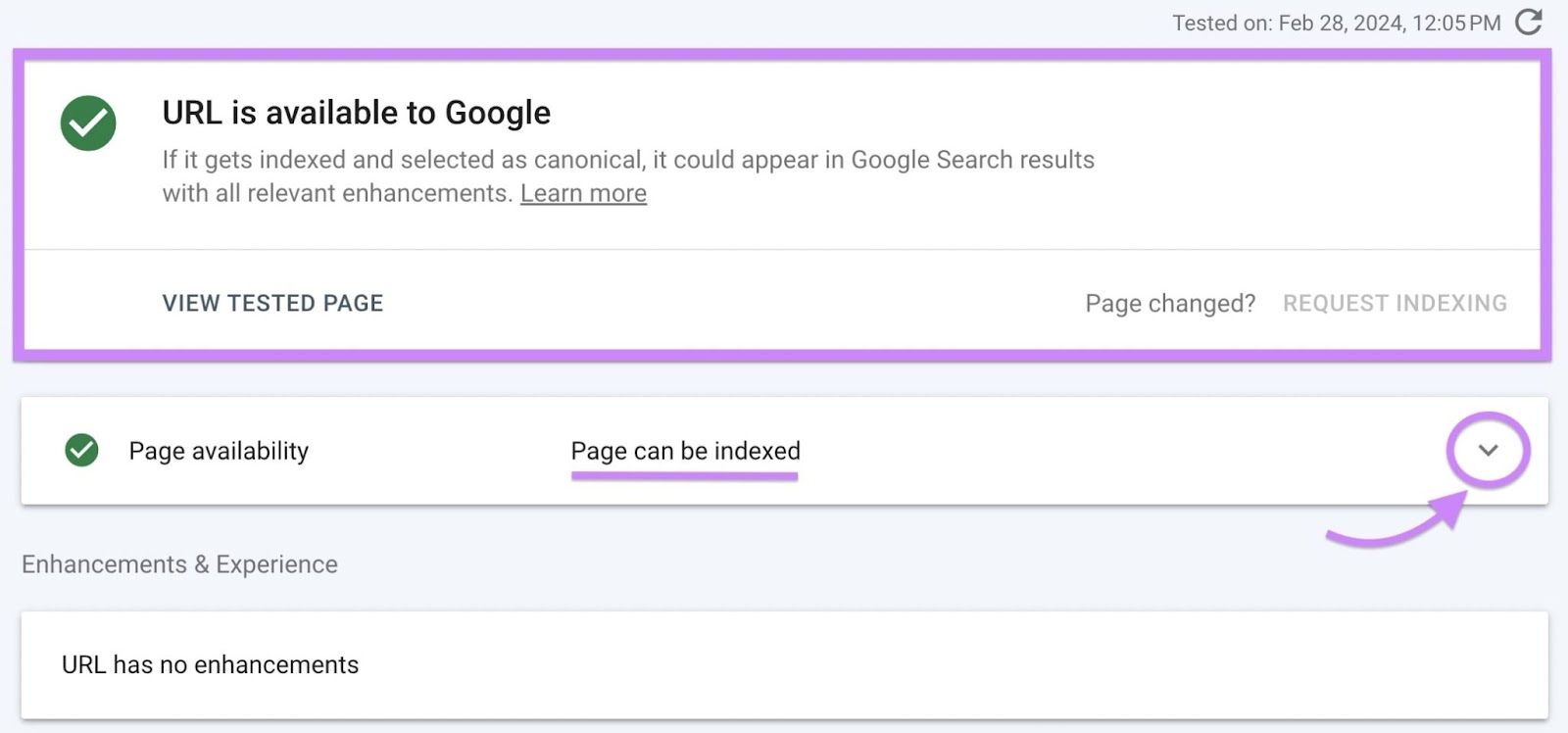 “Page availability” status showing “Page can be indexed”