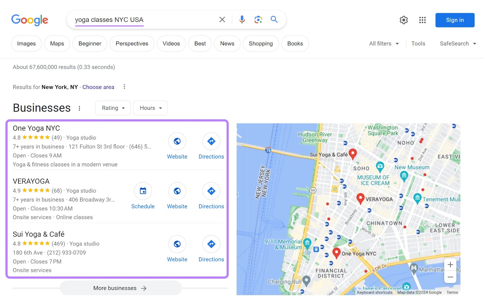 Google local pack results for “yoga classes NYC USA” query