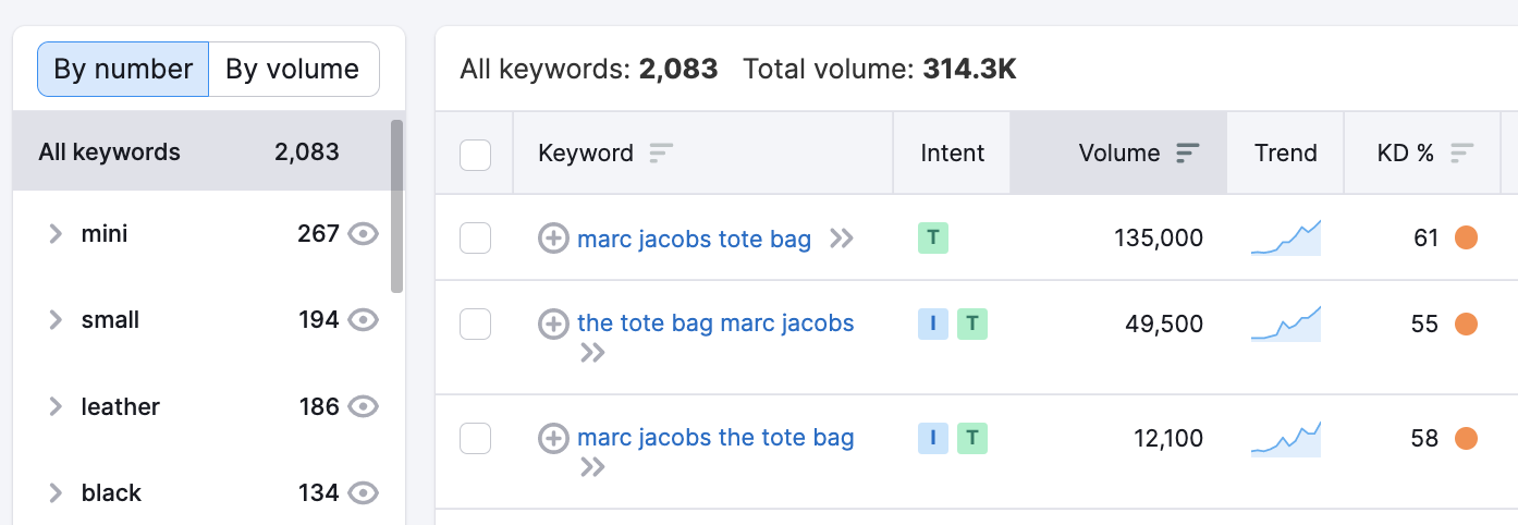 researching "marc jacobs tote bag" in Keyword Magic Tools