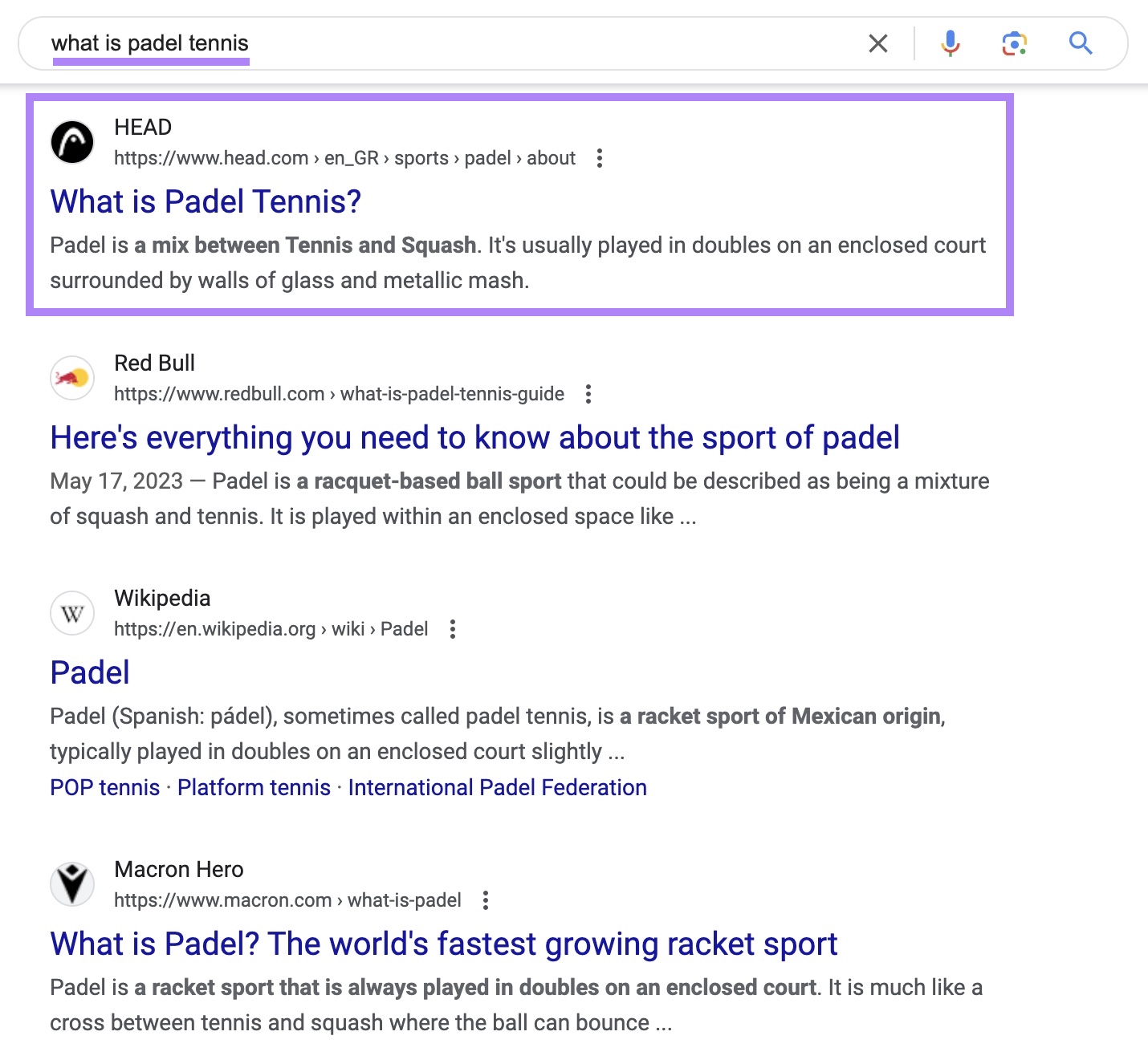 Google search results for "what is padel tennis" showing Head with the top result.
