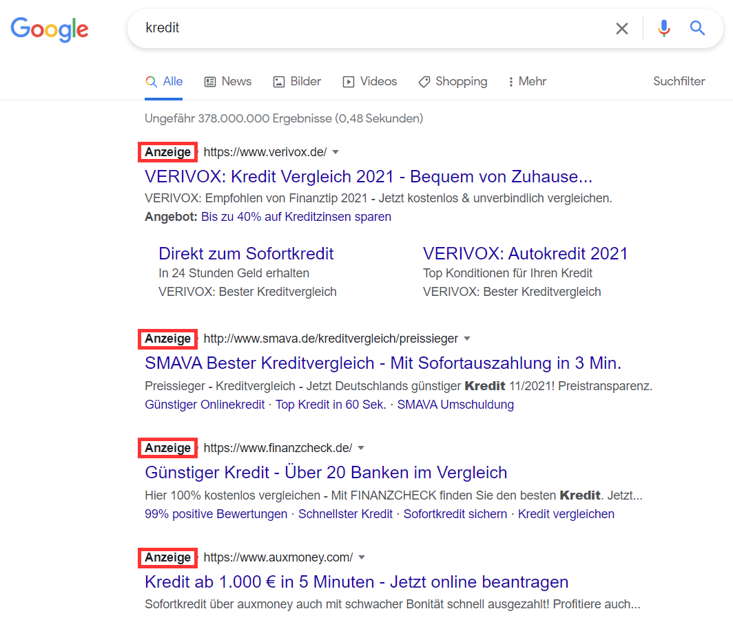 Google Ads im Suchergebnis