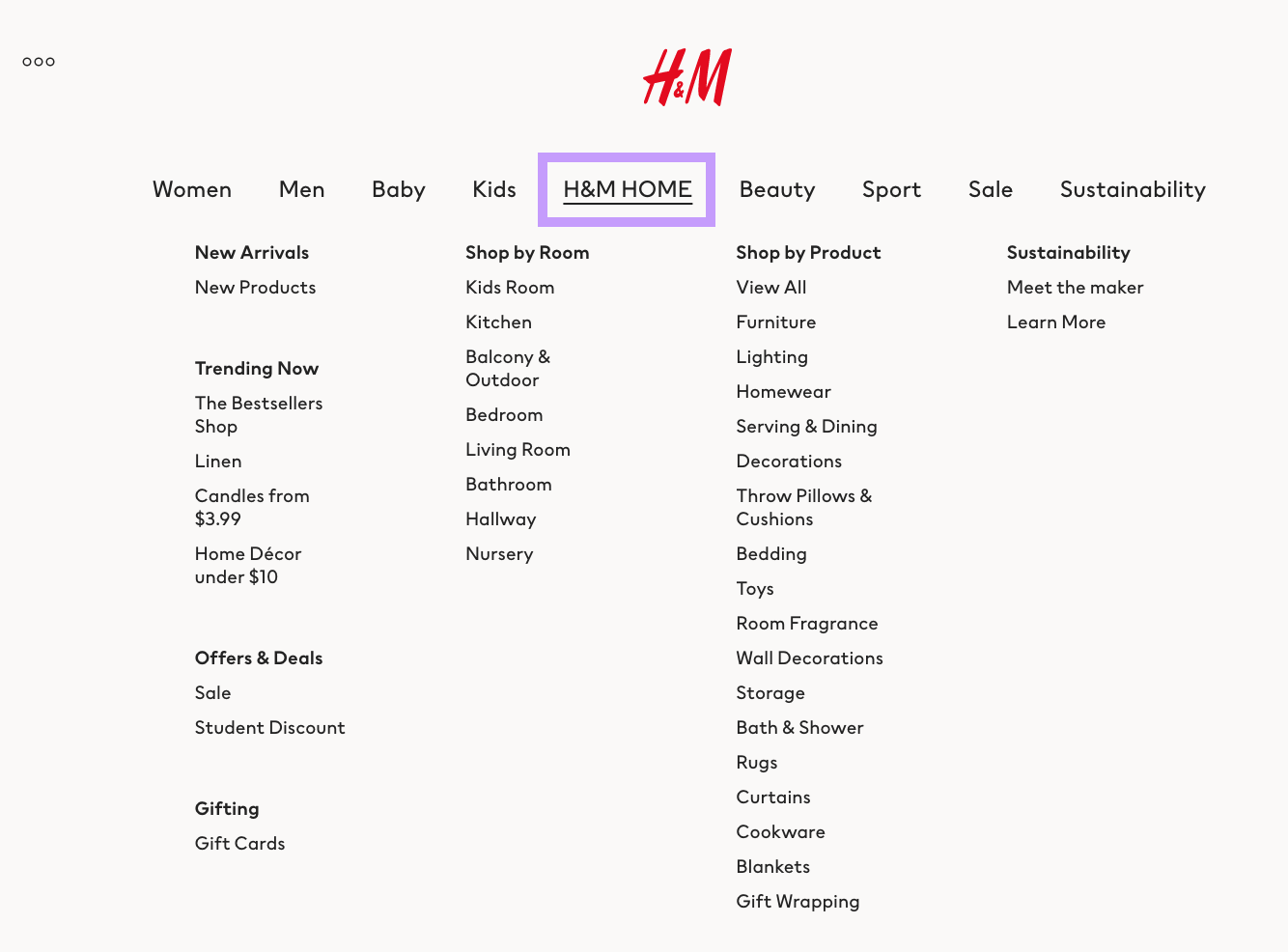 H&M homepage menu.