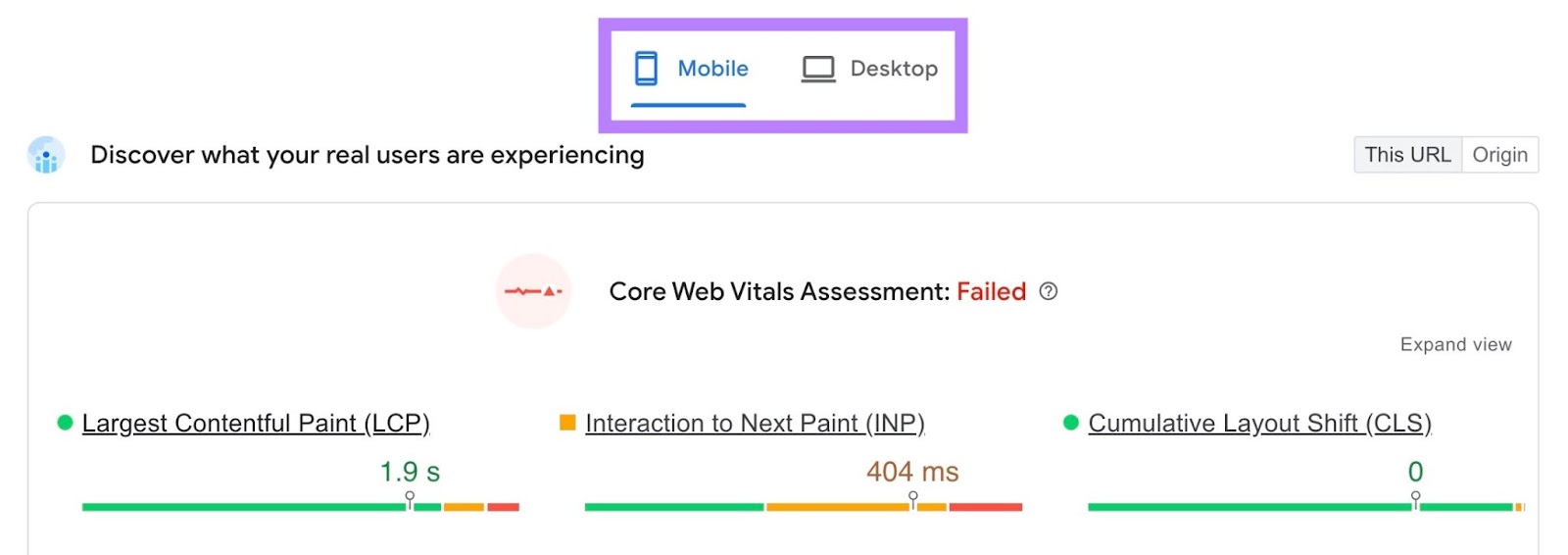 “Core Web Vitals Assessment” on "Pagespeed Insights" with the "Mobile/Desktop" toggle on top of the page highlighted.