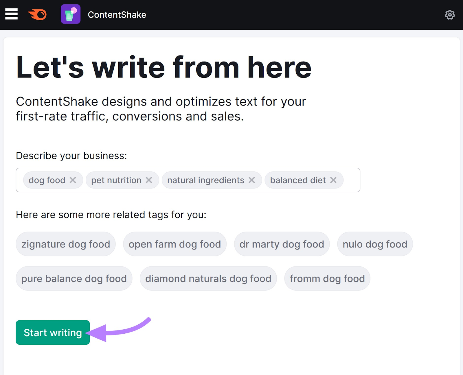 tags like "dog food" and "pet nutrition" entered in ContentShake search bar