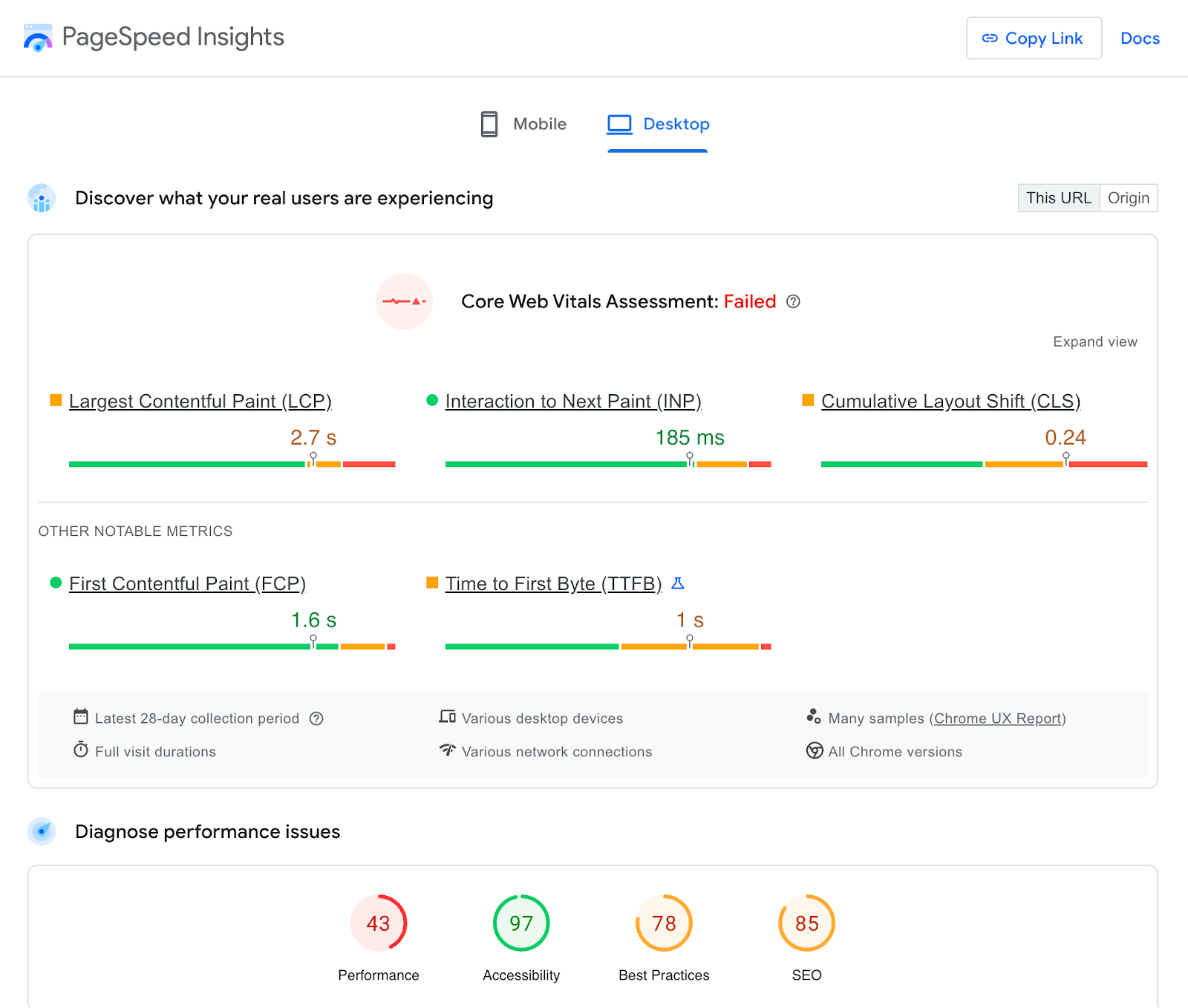 PageSpeed Insights shows Core Web Vitals Assessment and capacity issues.