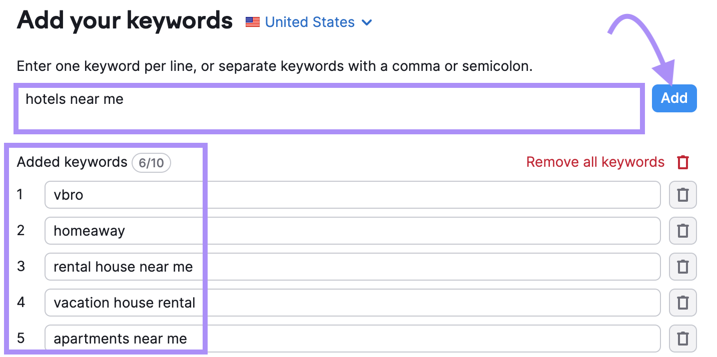 "Add your keywords" section in Link Building Tool