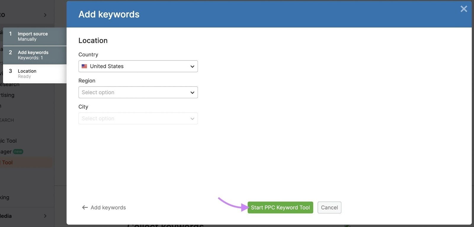 add your target location to PPC Keyword Tool