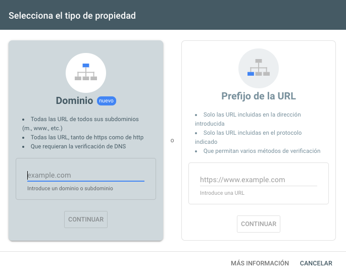 Selecciona un tipo de propiedad en Google Search Console.