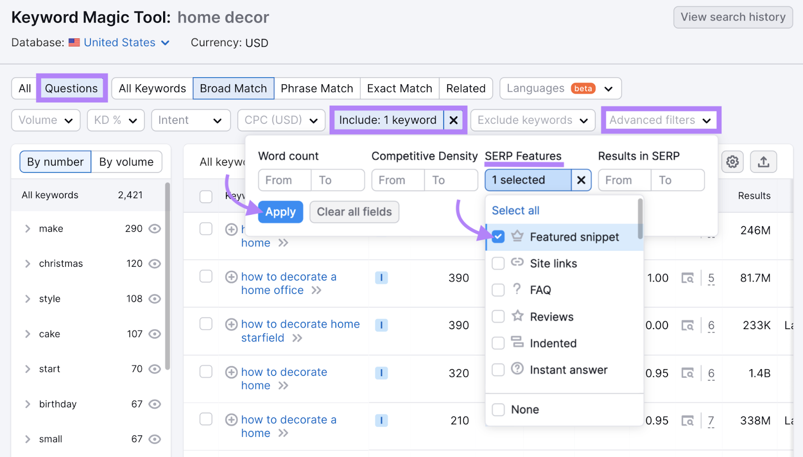 Applying filters in Keyword Magic Tool results for "home decor"