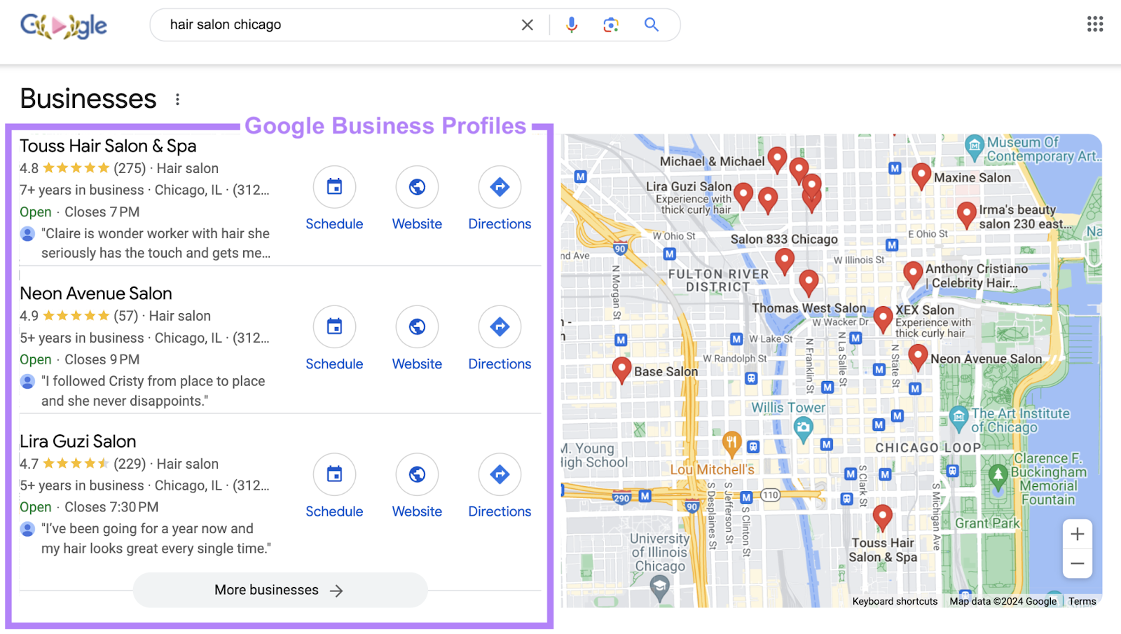 بسته محلی با نمایه های ،ب و کار google که در سمت چپ نقشه گوگل برجسته شده است