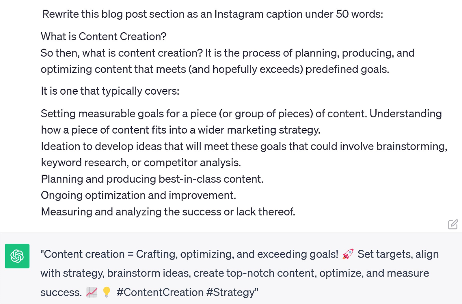 A new prompt asking ChatGPT to rewrite a blog post section as an Instagram caption