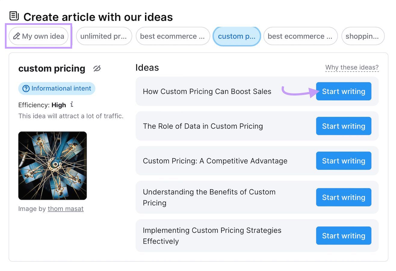 Contentshake AI dashboard showing content ideas to start writing such as how customer pricing can boost sales.