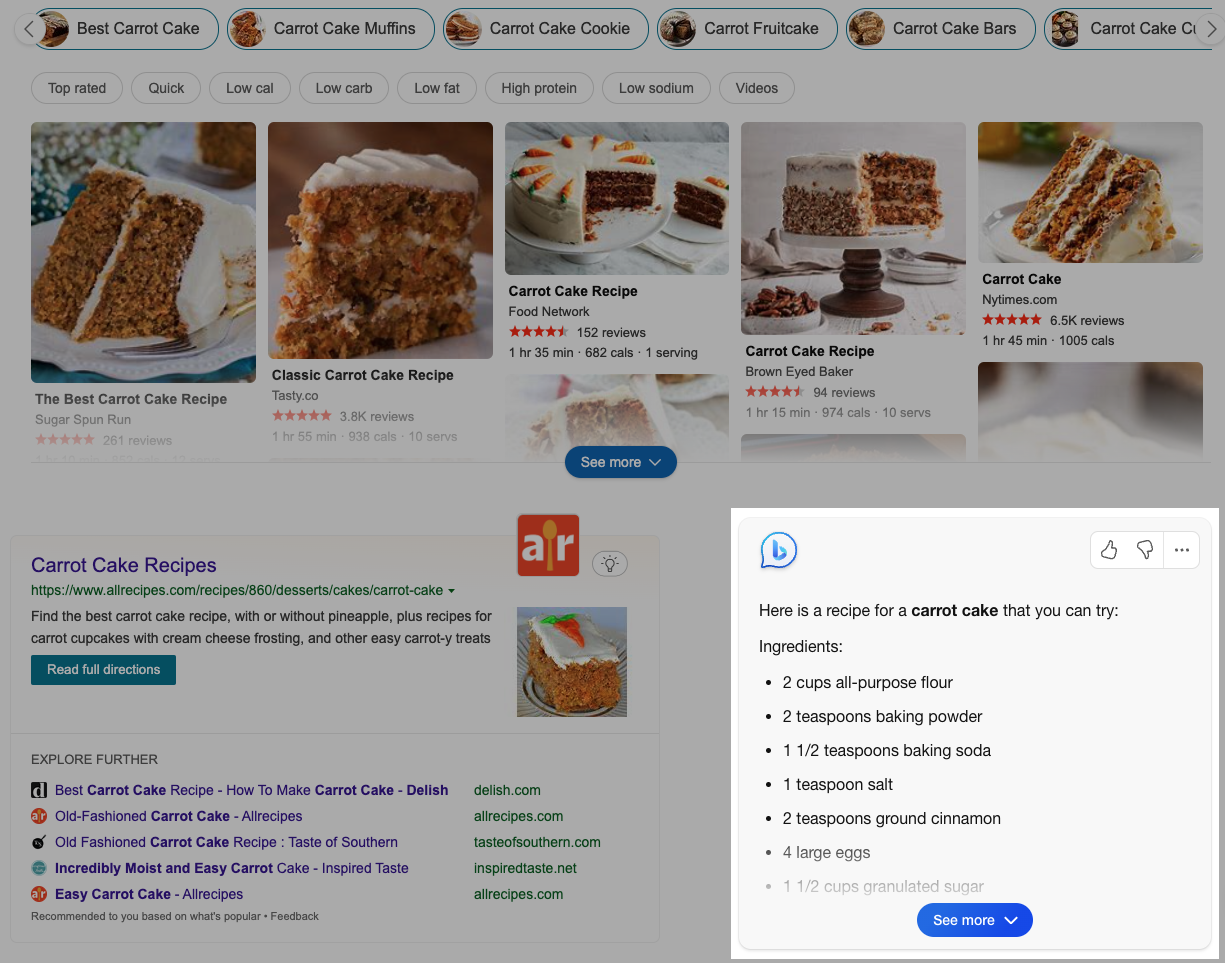 An example of Bing AI offering a recipe for a carrot cake