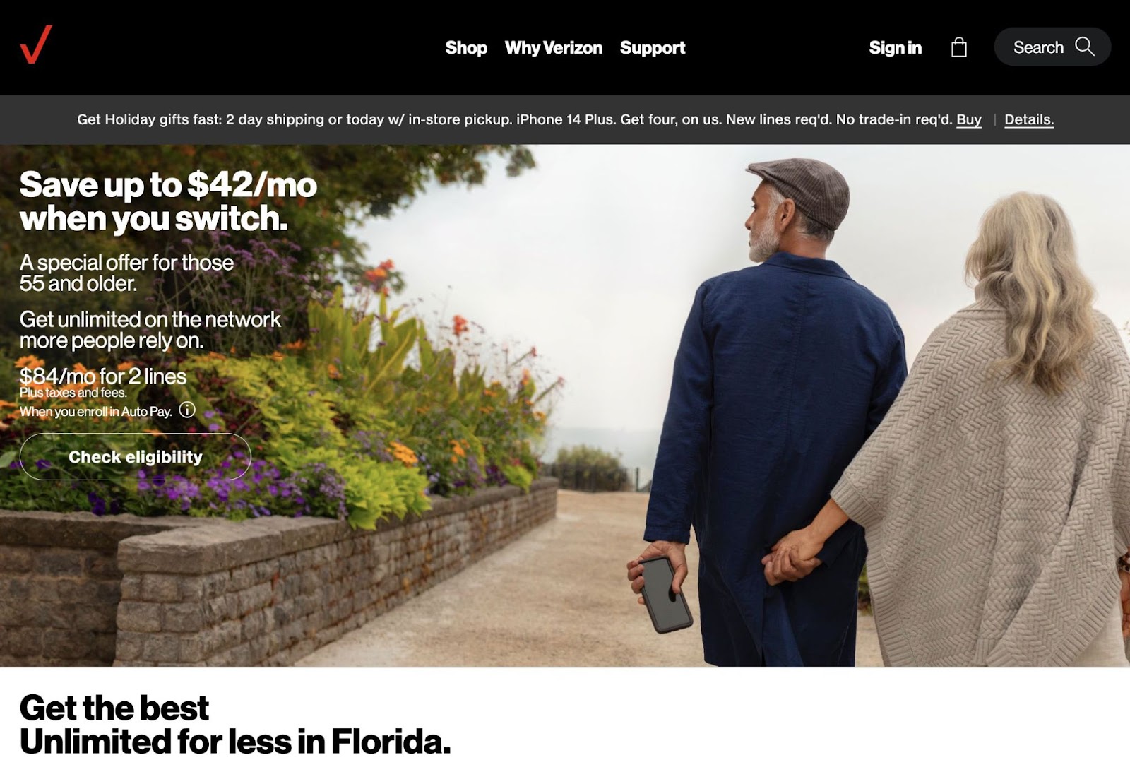 Verizon's landing page featuring an older couple