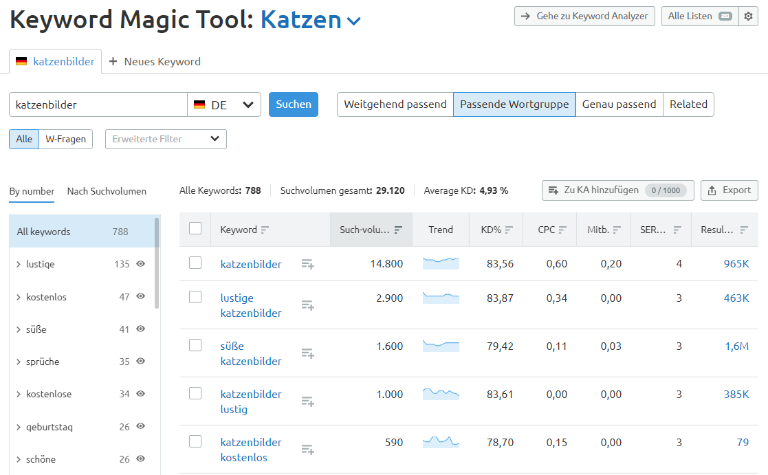 Keyword Magic: Ergebnisliste