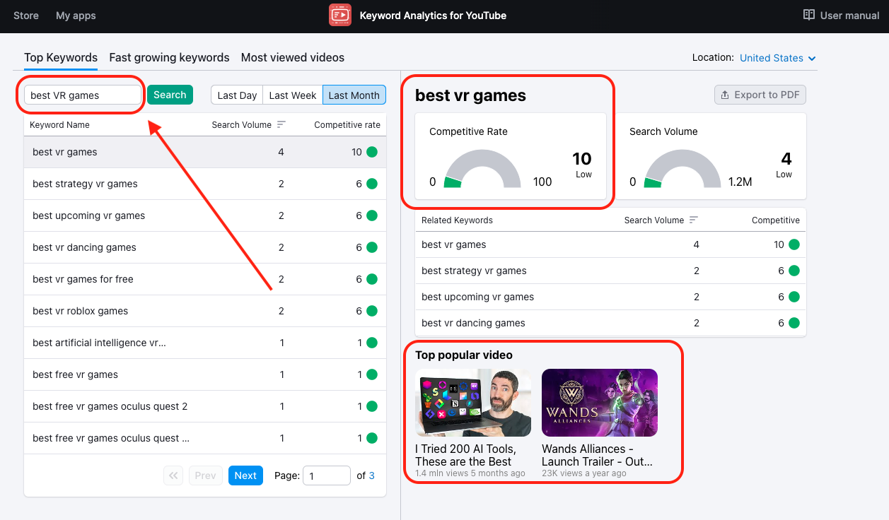 Search results for top keywords for VR using Semrush's Keyword Analytics for YouTube app