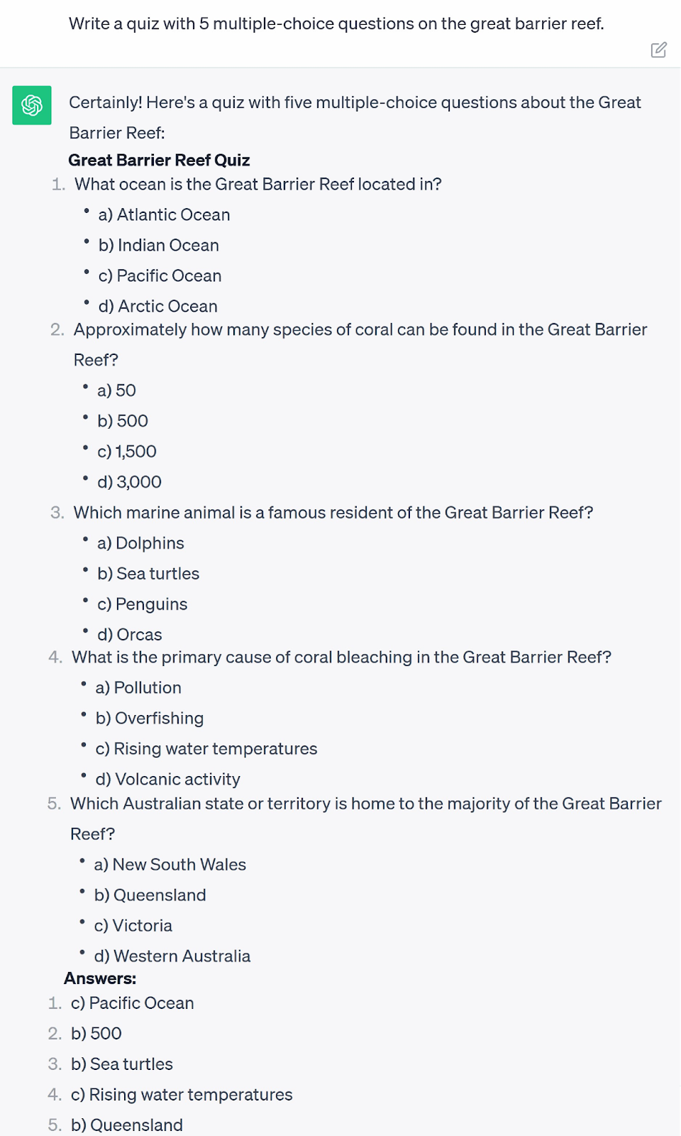 Eine Aufforderung an ChatGPT, ein Quiz mit 5 Multiple-Choice-Fragen zum Great Barrier Reef zu schreiben