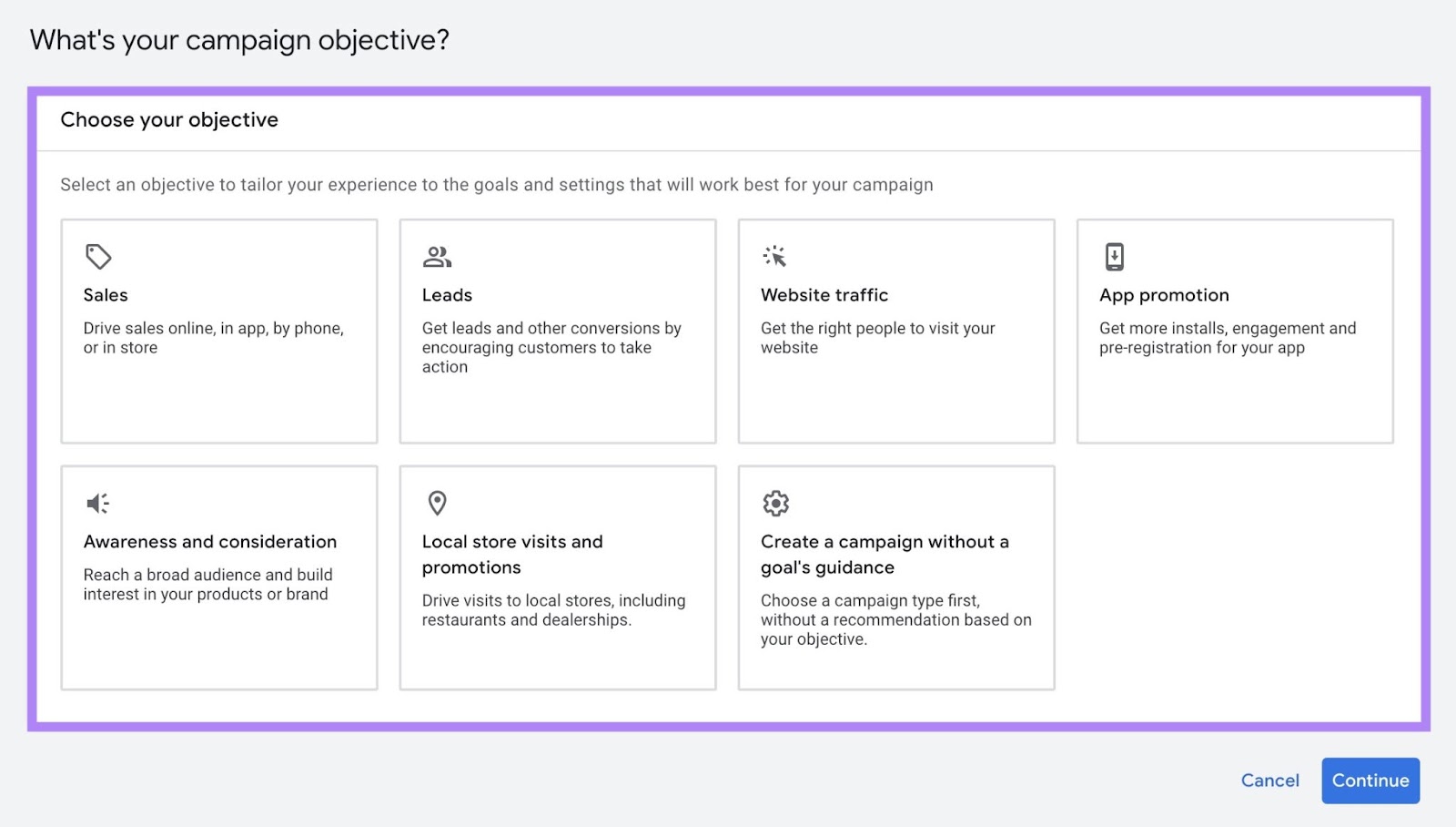 Campaign objectives on Google Ads including Sales, Leads, Website traffic, App promotion, Awareness and consideration, etc.