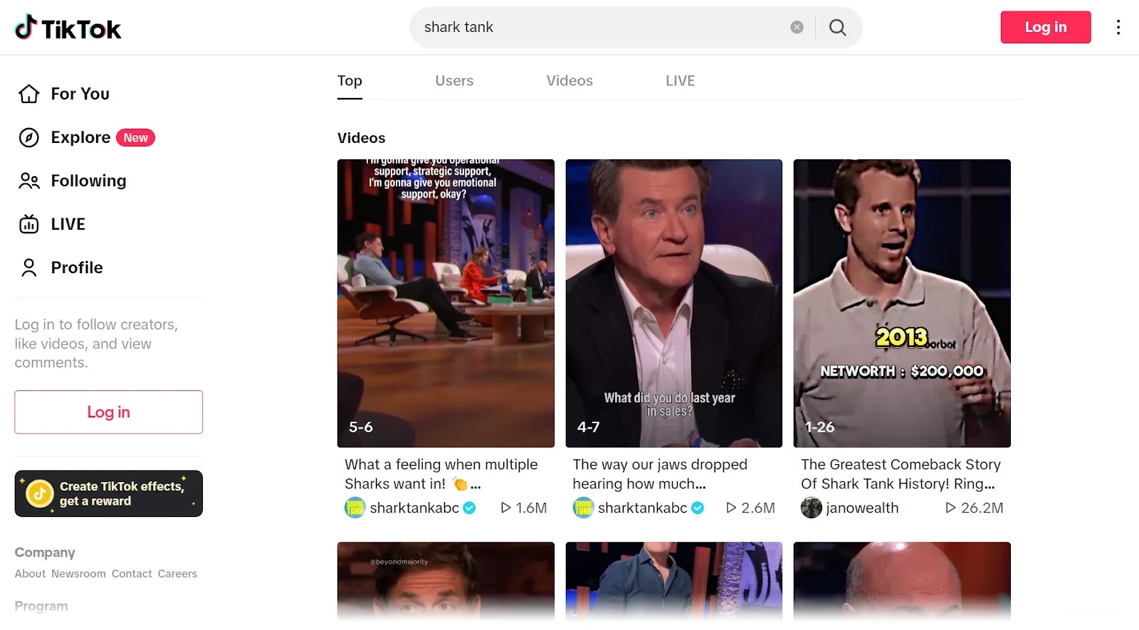 "Top" tab of the TikTok level    showing video results for the "shark tank" keyword