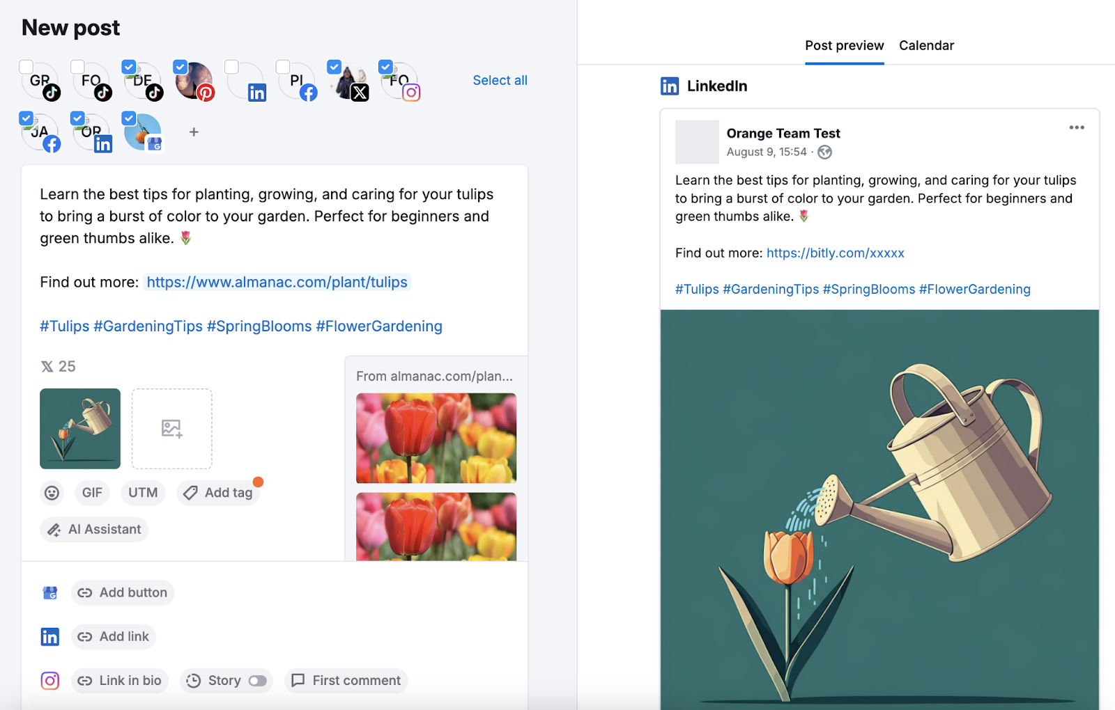 Social Poster tool allows you to create a caption, add hashtags, and share your blog content across platforms.