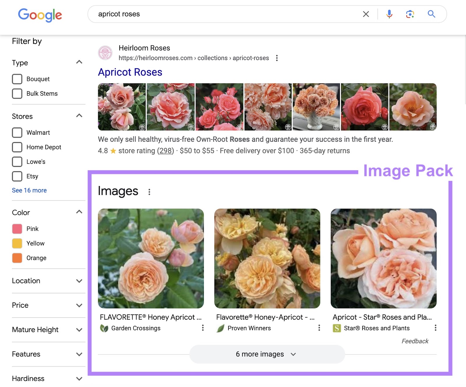Image pack in serp shows three images of apricot roses