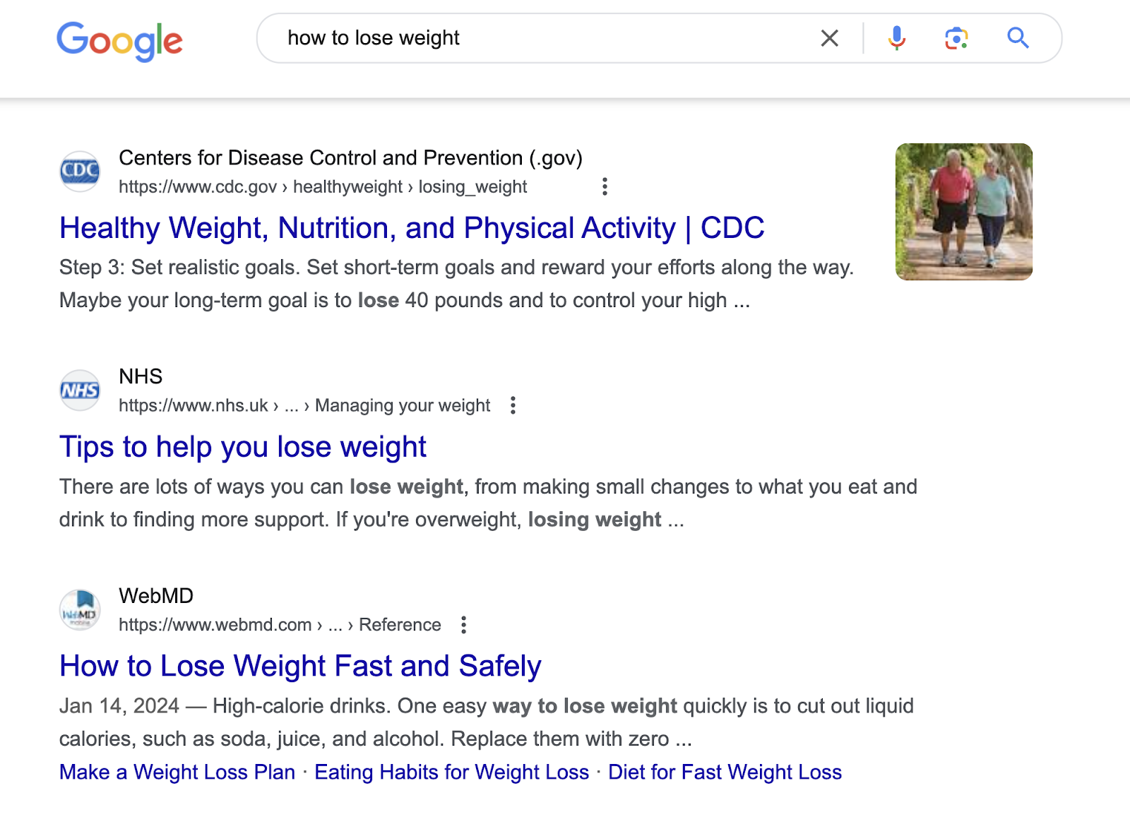 ranking integrated  pages for "how to suffer  weight" are from the CDC, NHS, and WebMD