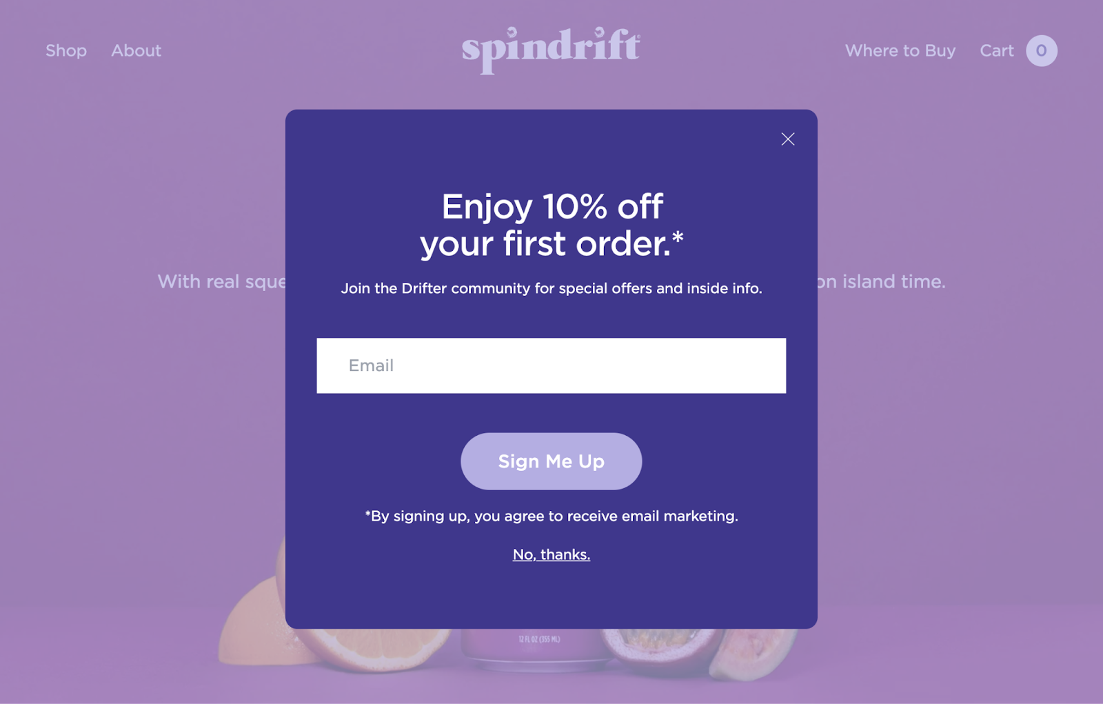 Spindrift website with dynamic pop-up attempting to collect new visitors' email addresses