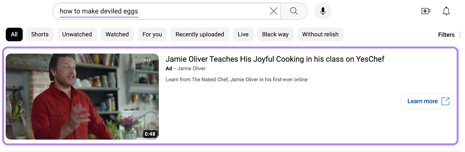 Jamie Oliver's cooking ad for "how to make deviled eggs" search on YouTube