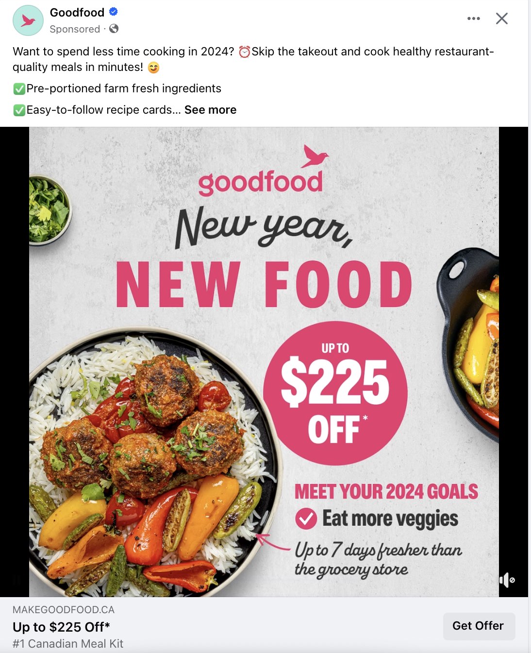 Facebook video ad from Goodfood, showing the food plates and a discount of up to $225 off