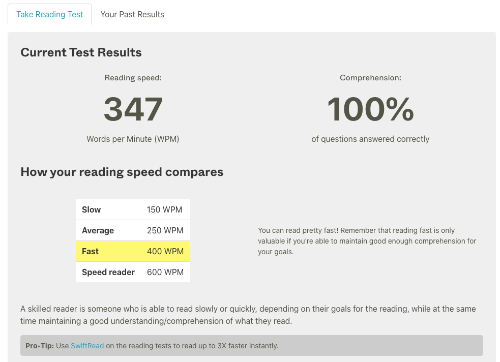 Test de vitesse de lecture de SwiftRead