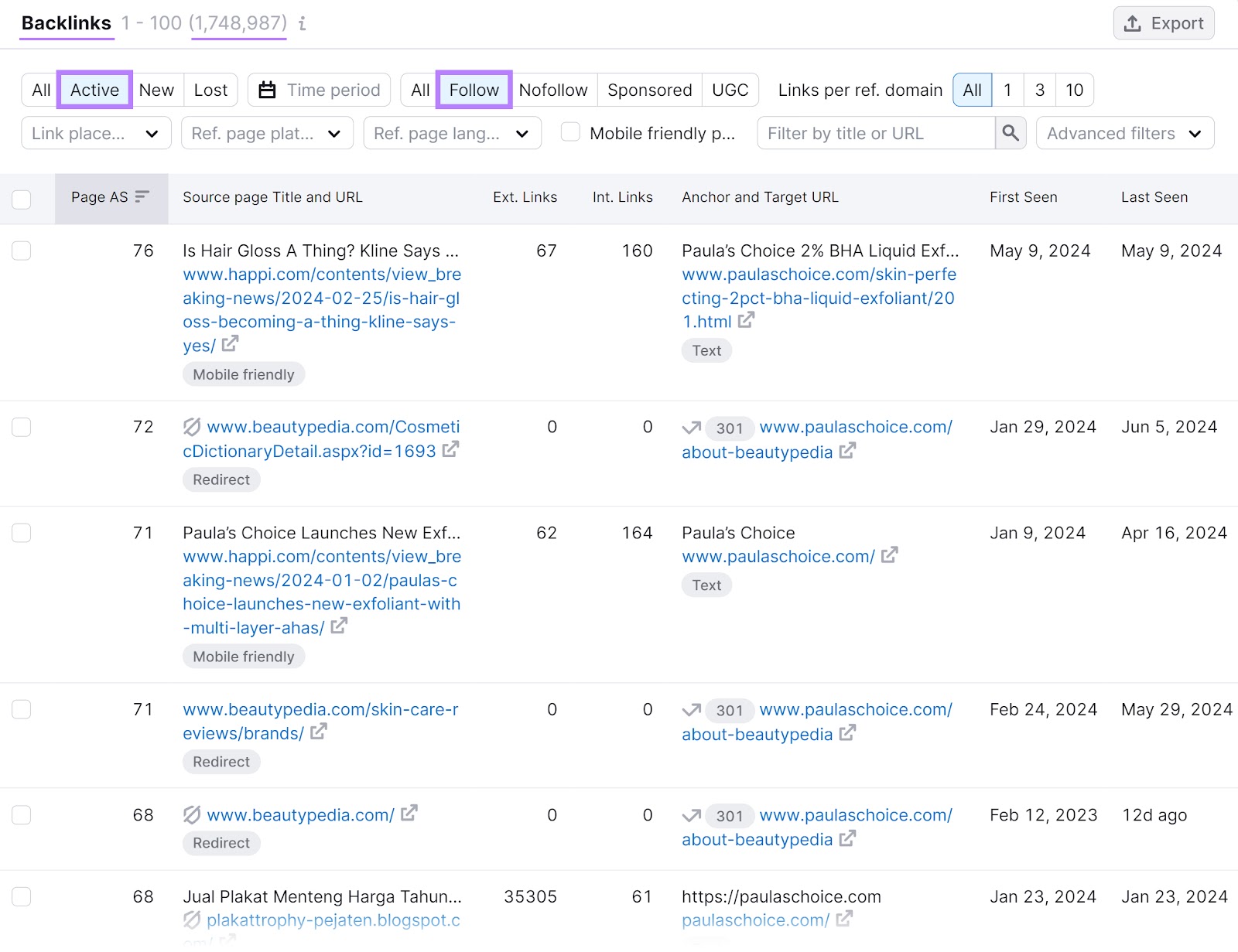 "Backlinks" section of the Backlink Analytics tool with "Active" and "Follow" filters highlighted