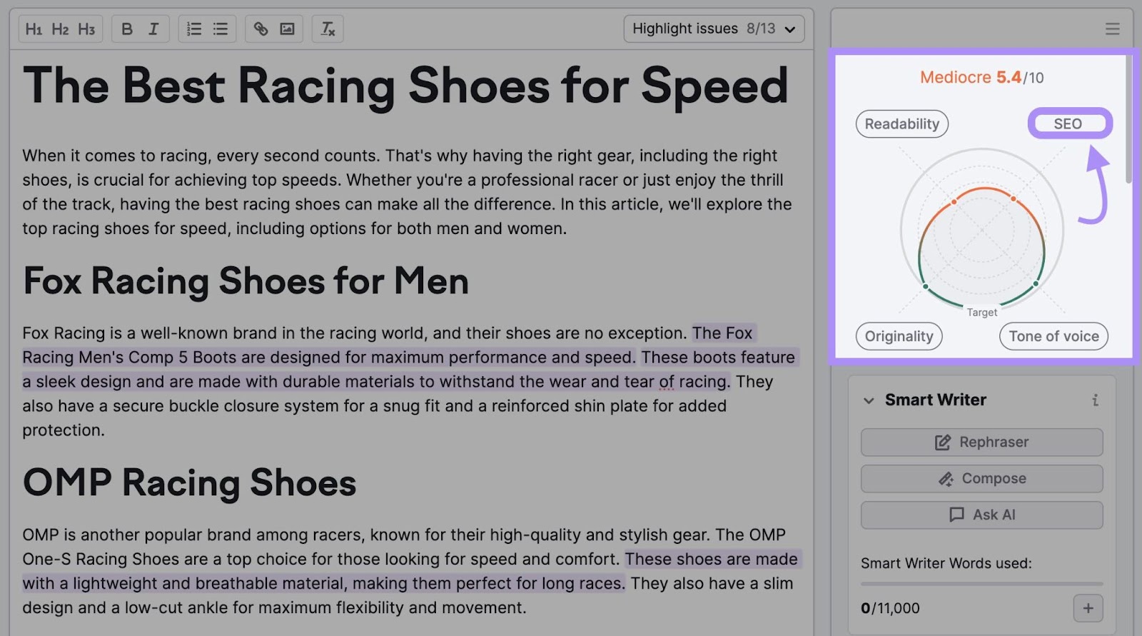 "SEO" selected from SEO Writing Assistant's score widget