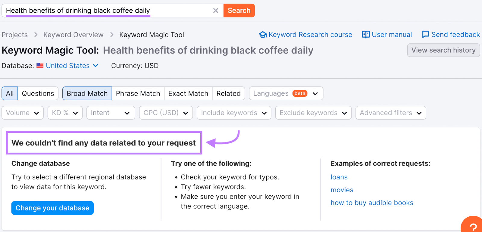 Keyword Magic Tool results for "health benefits of drinking black coffee daily" show no results