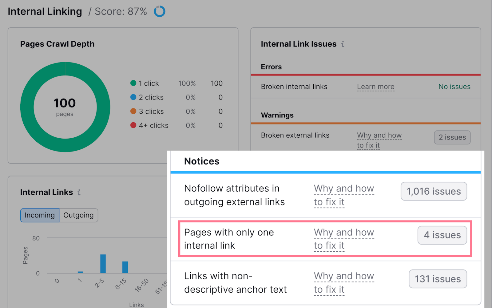 "Notices" section highlighted in the "Internal Linking" report of the Site Audit tool