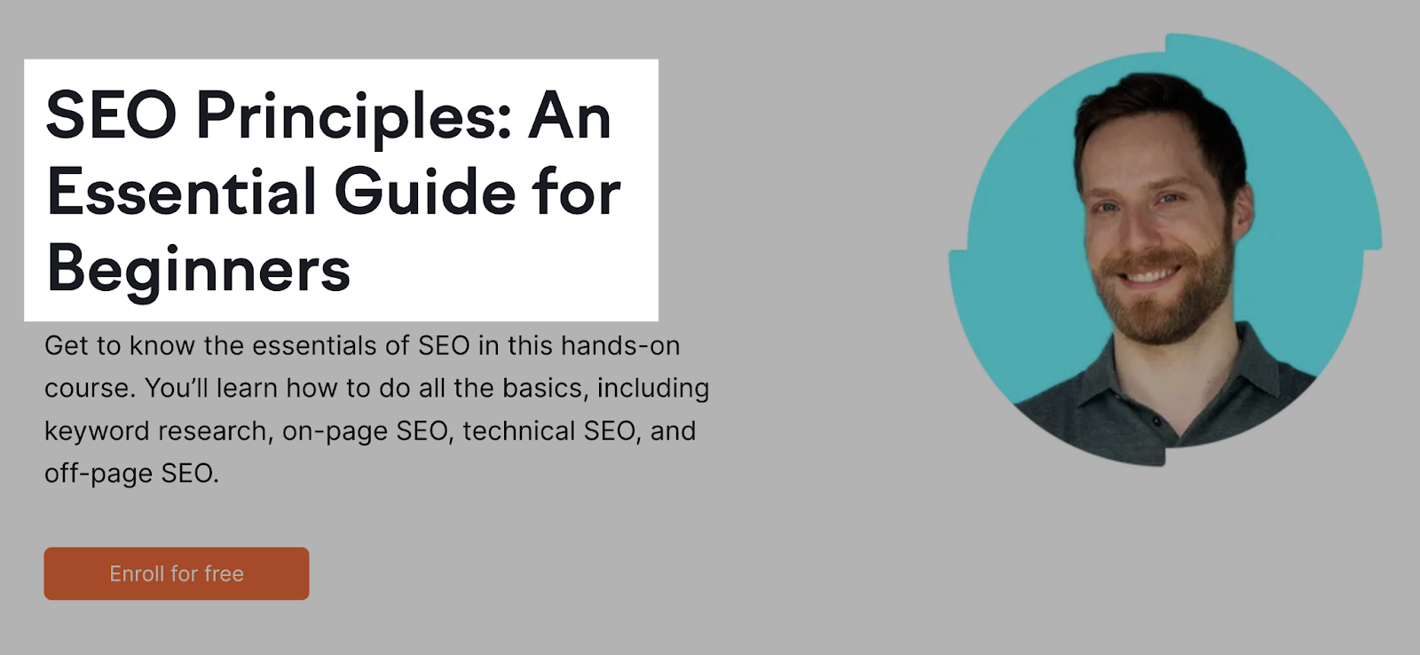 Semrush Academy course's H1 tag that reads: "SEO Principles: An Essential Guide for Beginners"