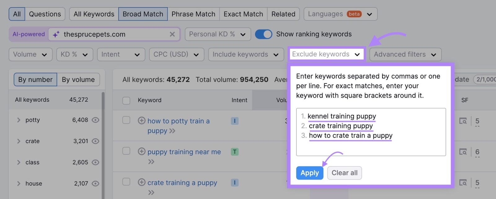 The "Exclude keywords" dropdown opened, 3  hunt  presumption     entered, and "Apply" clicked.