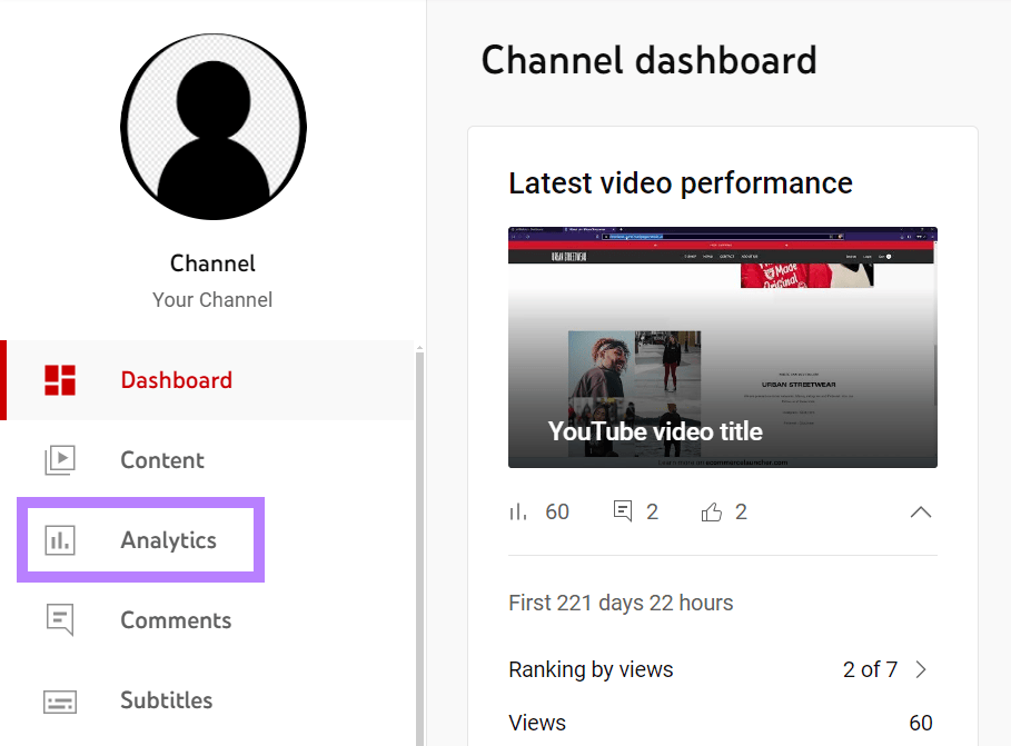 “Analytics" selected from the paper   connected  YouTube Studio’s homepage
