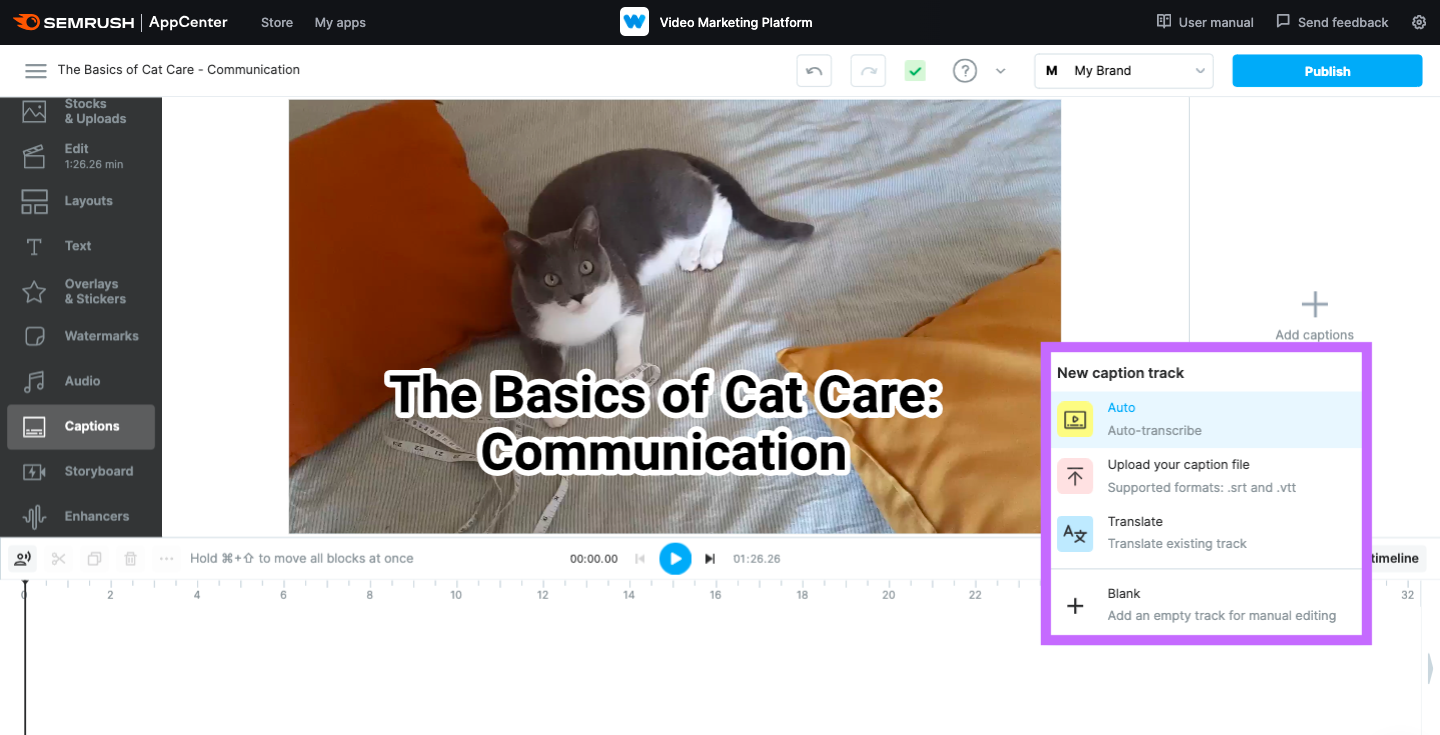 A screenshot of the caption menu opened in the Video Marketing Platform.