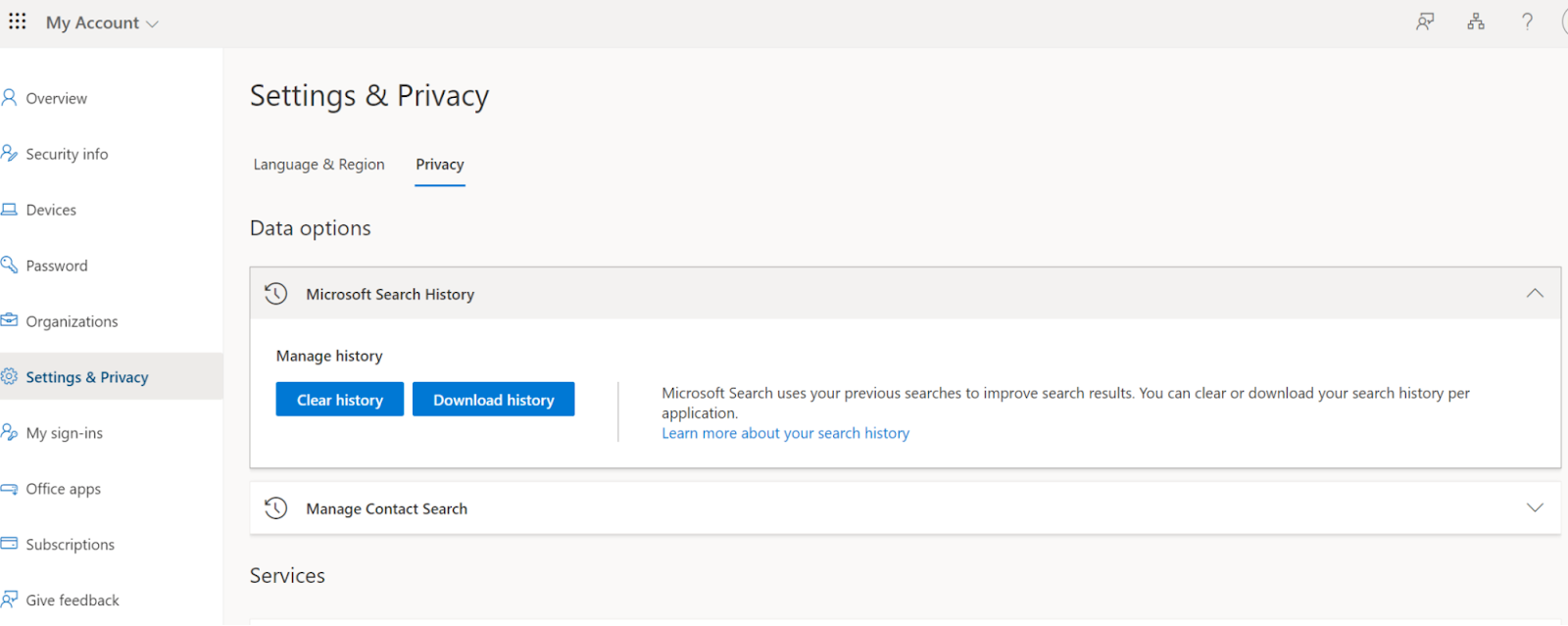 "Settings and Privacy" page in Microsoft