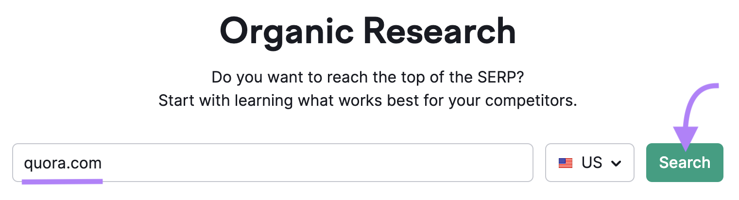 search for "quora.com" in Organic Research tool