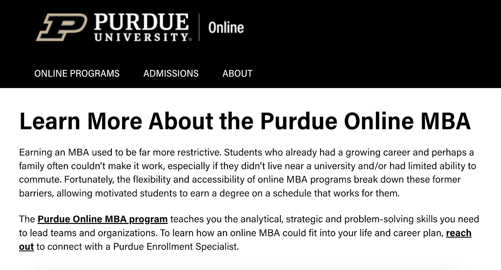 Purdue University's article conclusion, titled: "Learn More About the Purdue Online MBA"