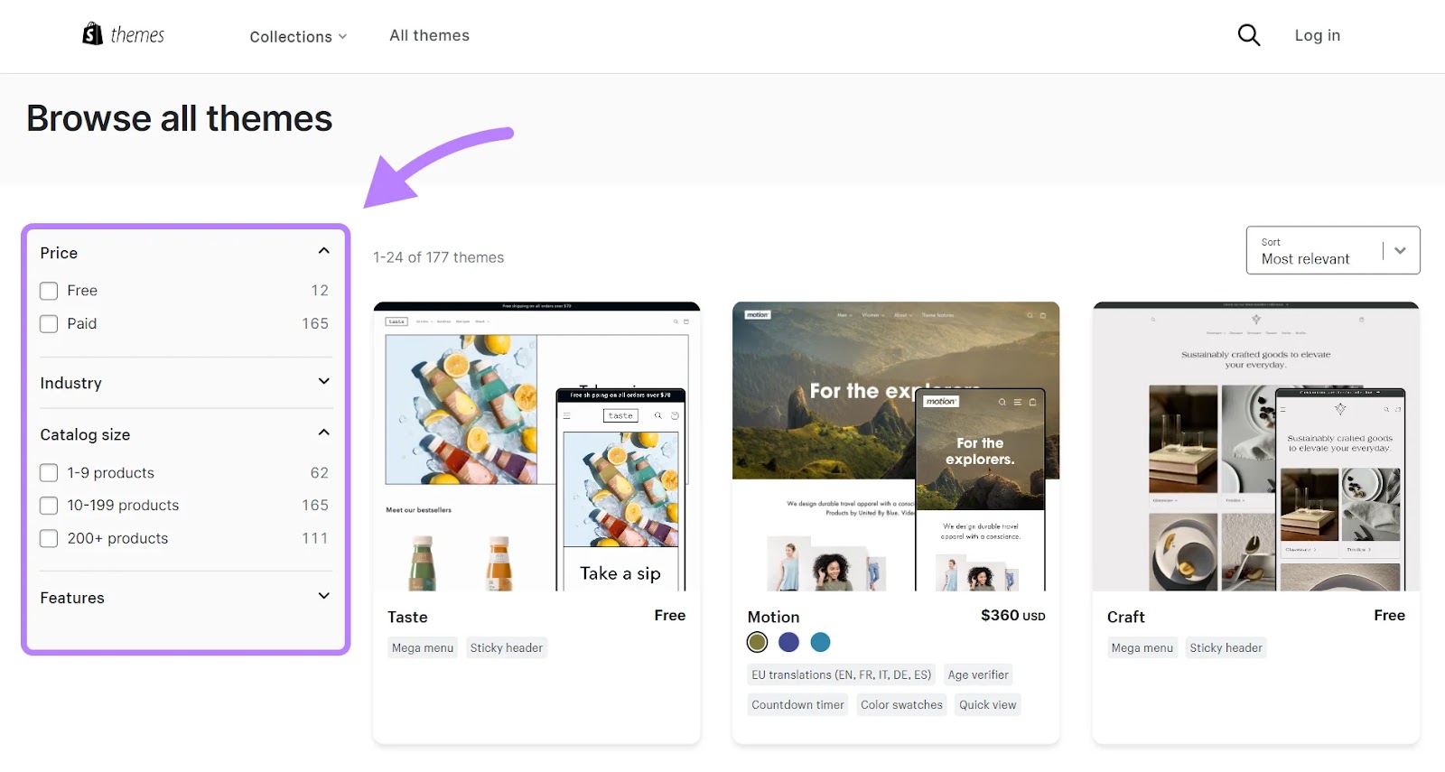 Shopify’s Theme Store page filters